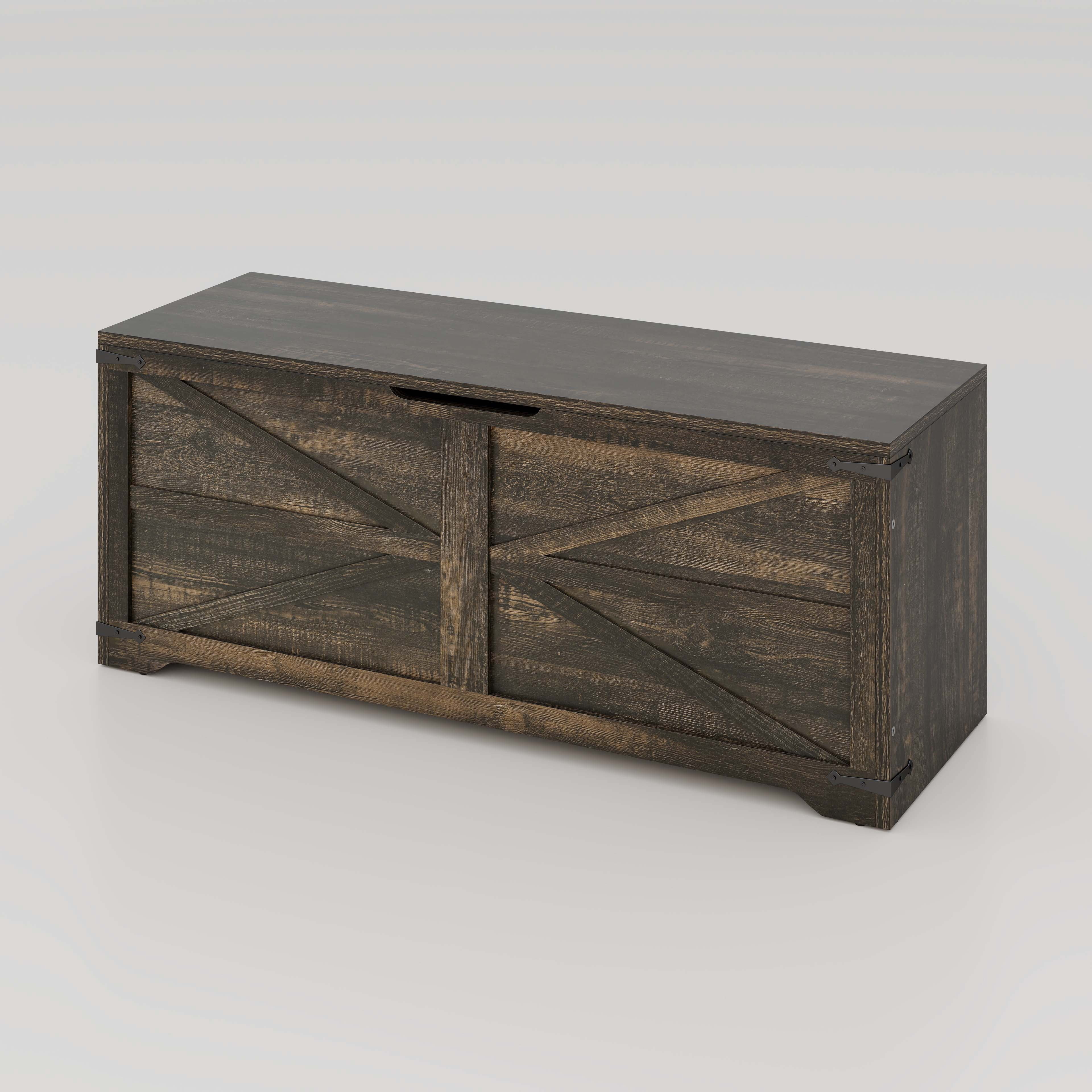 Uforic 47.2" Farmhouse Storage Bench with 2 Safety Hinges, Wooden Storage Chest with 2 Safety Hinges for Storage Organizer, Shoe Bench - Black Oak