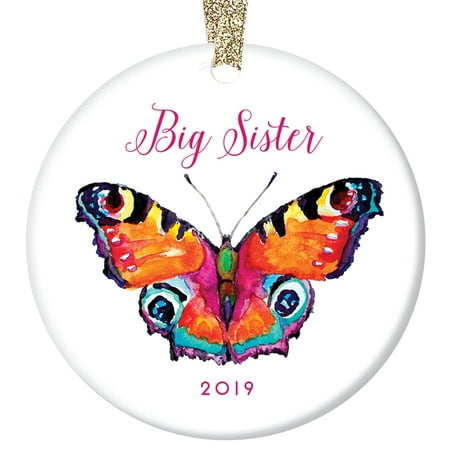 Big Sister Ornament 2019, Rainbow Butterfly Porcelain Ceramic Ornament, New Baby Sisters 3