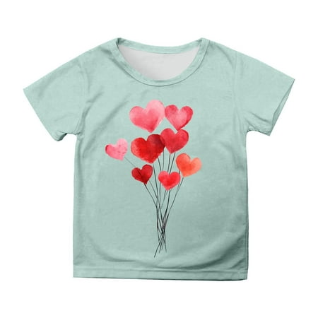 WhouRiu Big Girls T Shirt Valentine s Day Print Active Short Sleeve Tee Party Stylish Breathable Tshirts Green Size 10-11