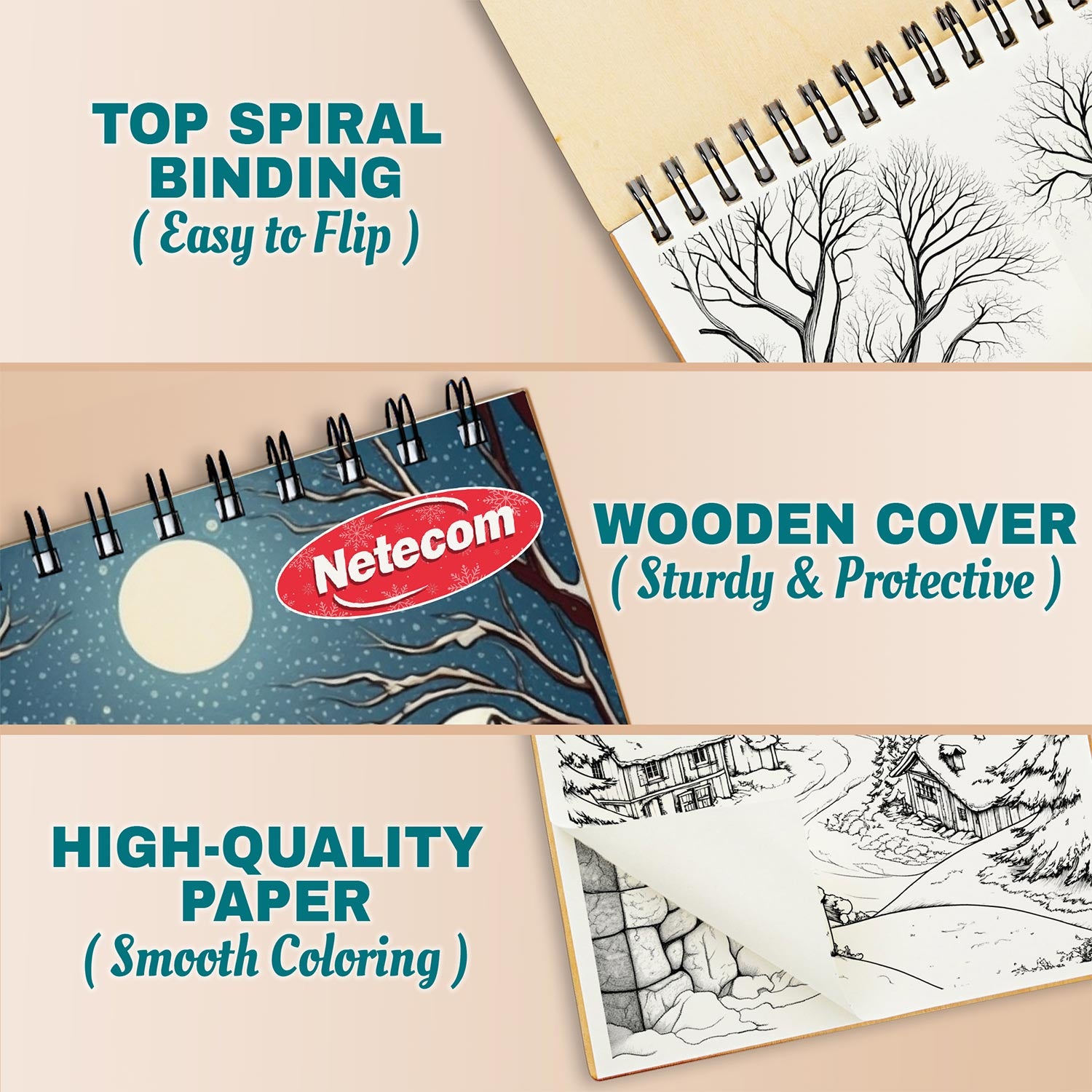 Netecom Winter Village Coloring Book Spiral Bound for Adults, A5 Wooden Cover, 30 Delightful Coloring Pages of Cozy Winter Villages for Stress Relief and Relaxation