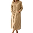 thumbnail image 2 of BRGZLK Womens Zipper Robe Trendy Stand Collar Long Sleeves Soft Bathrobe Full Length Housecoat Solid Color Soft Stretch Bath Robe with Pockets for Morning Night Wear Khaki 2XL, 2 of 5