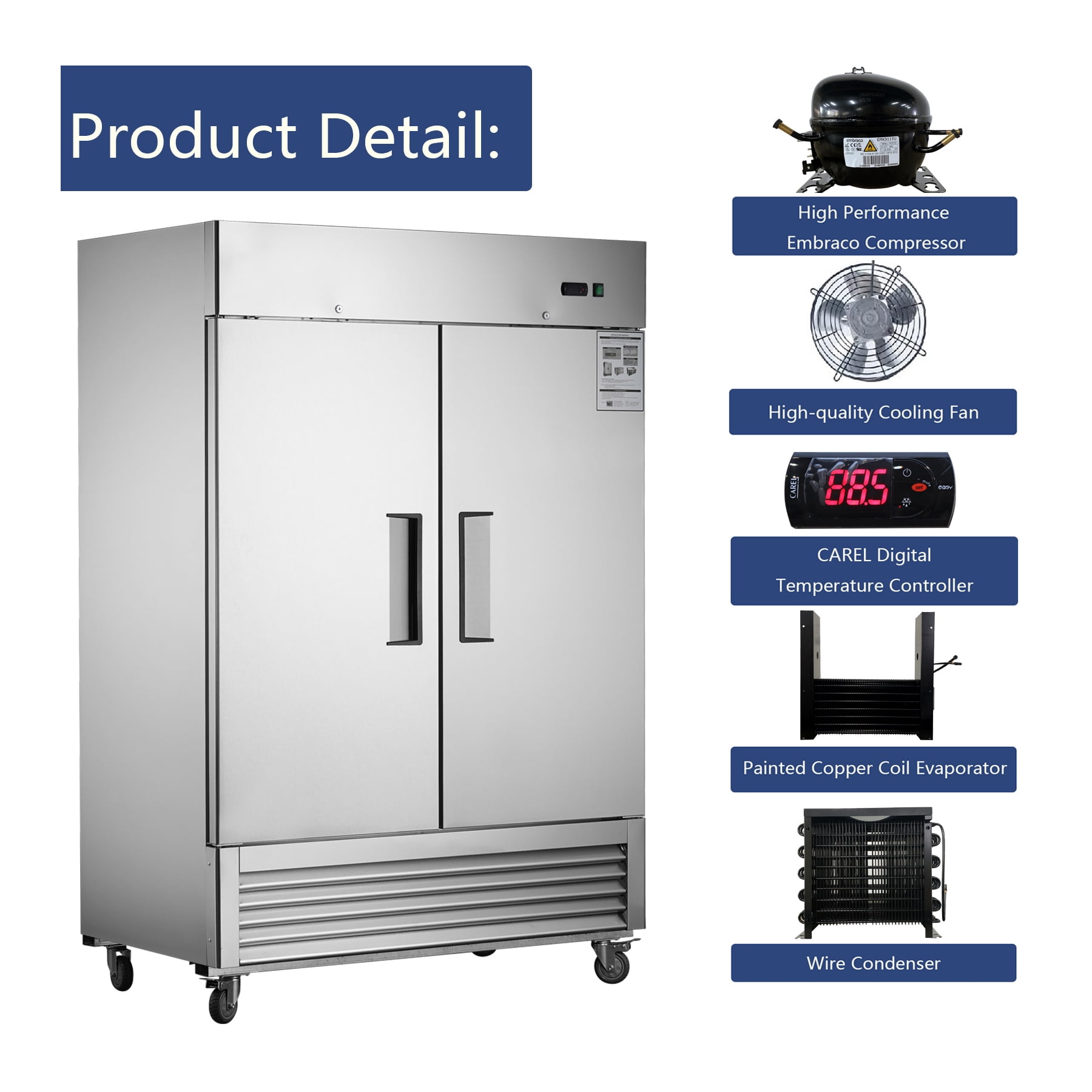 54"W 2 Section Reach-in Commercial Refrigerator 42.2 Cu.ft. Upright Fan Cooling Refrigerator for Restaurants and Commercial Environments