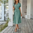 thumbnail image 2 of UoCefik Womens Dresses for Wedding Guest Polka Dot Button Down Tie Waist Midi Dress Y2k Elegant Short Sleeve Vacation Dresses Dark Green L, 2 of 7