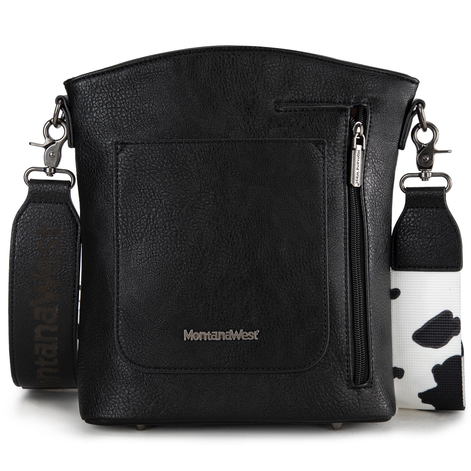Montana West Multi Zip Pocket Large Crossbody Bag With Guitar Strap, C-Cow Black