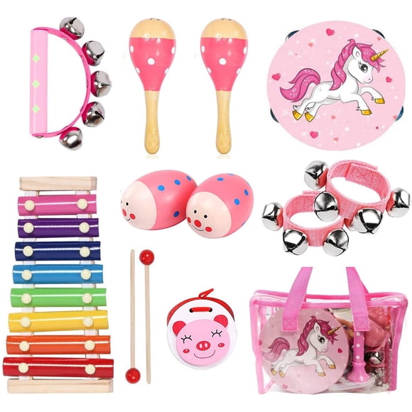 Juego de instrumentos musicales MAXZONE 12 piezas para niños con bolsa rosa