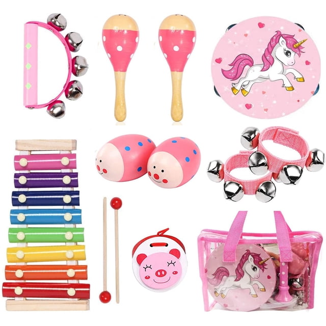 Juego de instrumentos musicales MAXZONE 12 piezas para niños con bolsa rosa