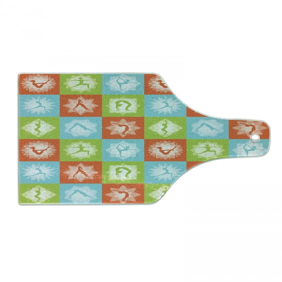 Yoga Cutting Board, Mind and Body Theme Different Yoga Poses with Lotus Flower Motifs Colorful, Tempered Glass Cutting and Serving Board, Wine Bottle Shape, Orange Green Sky Blue, by Ambesonne