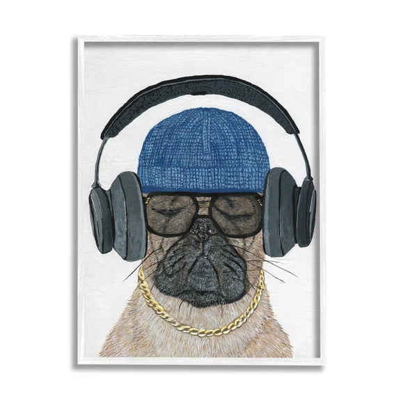 Stupell Industries Pug in Headphones Animals & Insects Painting White Framed Art Print Wall Art, 16 x 20