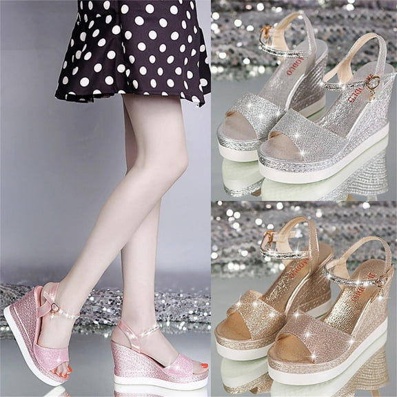 Jacenvly 2024 New Summer Ladies Shoes Fish Mouth Medium Wedge Heel Metal Buckle Women's Sandals Gold Sandals for Women