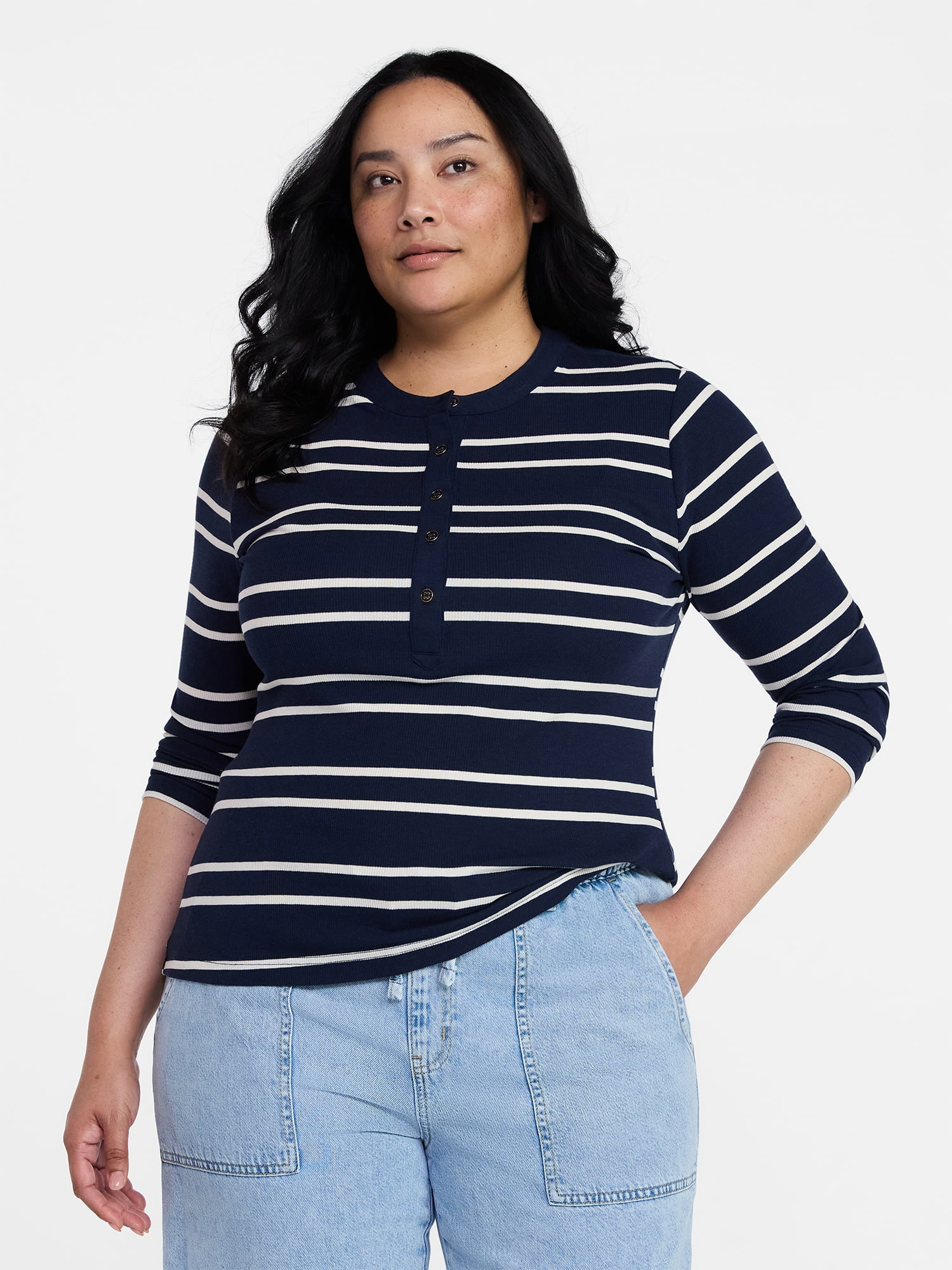 Time and Tru Women's Striped Henley with Long Sleeves, Sizes XS-XXXL