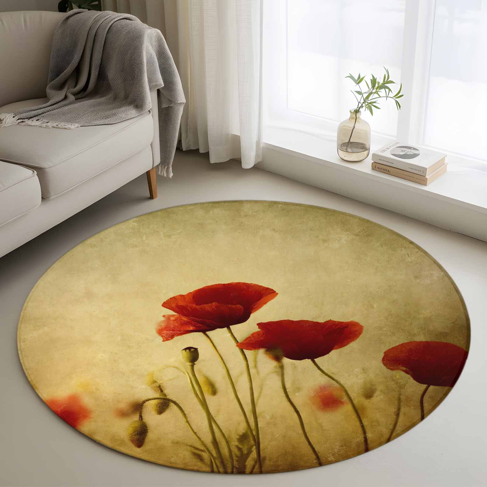 Round Area Rug 3ft Retro Red Poppy Flowers Non-Shedding Washable Area Rug Floral on Vintage Back Non Slip Low-Profile Circle Rugs for Living Room Bedroom Dining Room