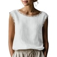 thumbnail image 2 of KIHOUT Women's Lace Trim Round Neck Sleeveless Linen Cotton Blouse Pre-Shrunk Casual Summer Tank Top, 2 of 7