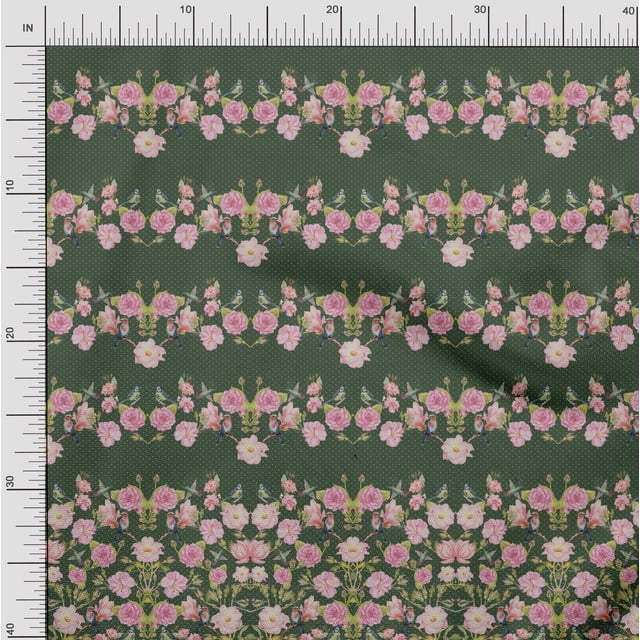 Soimoi Green Polyester Crepe Fabric Flowerpecker & Floral Panel Decor Fabric Printed BTY 42 Inch Wide