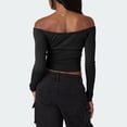 thumbnail image 3 of Douhoow Off Shoulder Tops for Women Solid Color Tie Up Long Sleeve T-Shirts Slim Fit Cropped Tee, 3 of 7