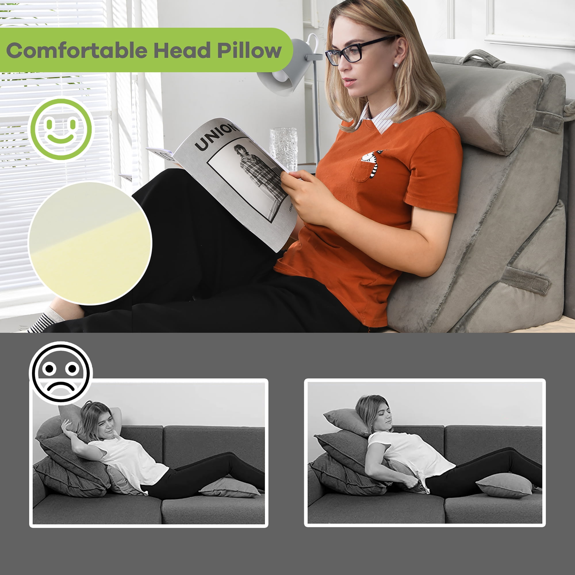 Costway Bed Wedge Pillow Adjustable Neck Back Support Memory Foam Headrest Gray