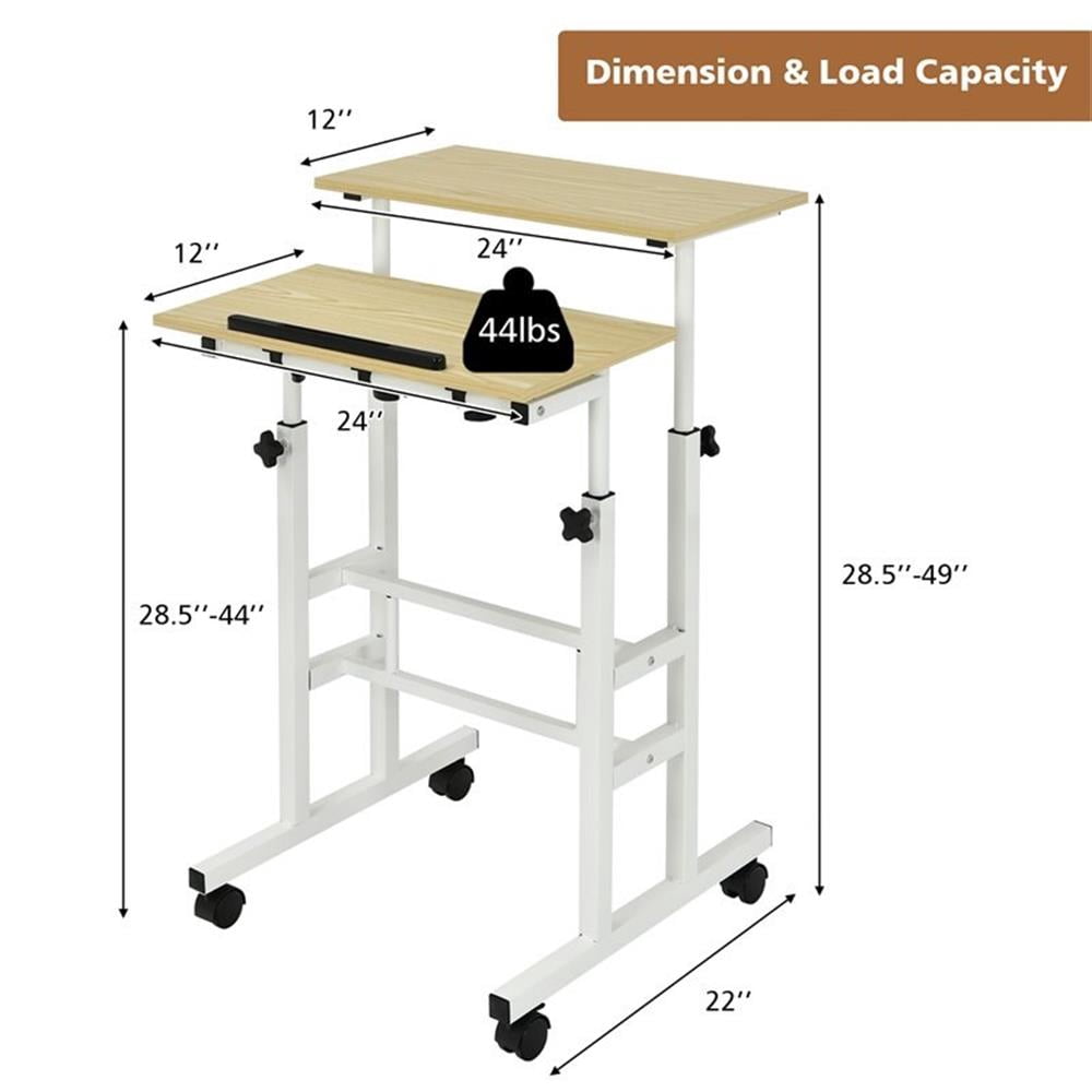 Pemberly Row MDF and Steel Adjustable Rolling Mobile Standing Desk in Natural