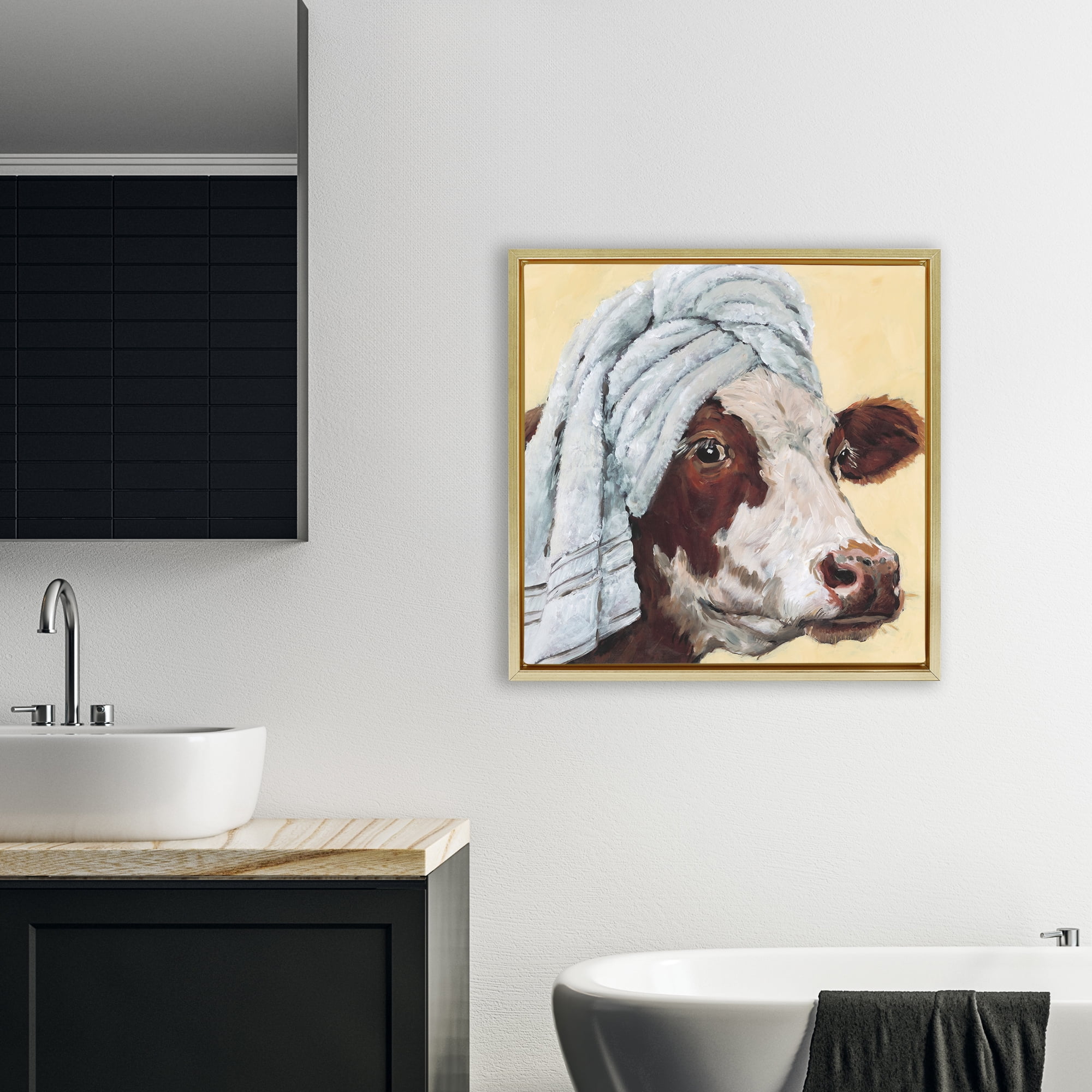 Stupell Industries Cow Spa with Towel Gold Framed Floater Canvas Wall Art, design by Studio Bautista