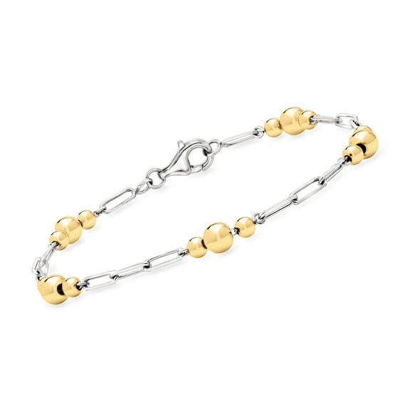 Ross-Simons Sterling Silver and 18kt Gold Over Sterling Alternating Paper Clip Link and Bead Station Bracelet, Women's, Adult