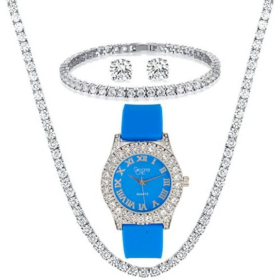 Simone Chic Women's Big Rocks Fully Iced Bezel Colored Dial w/Easy Reader Roman Numerals Colorful Rubber Band Watch - ST10357LA (4pcSet SLV Bright Blue)