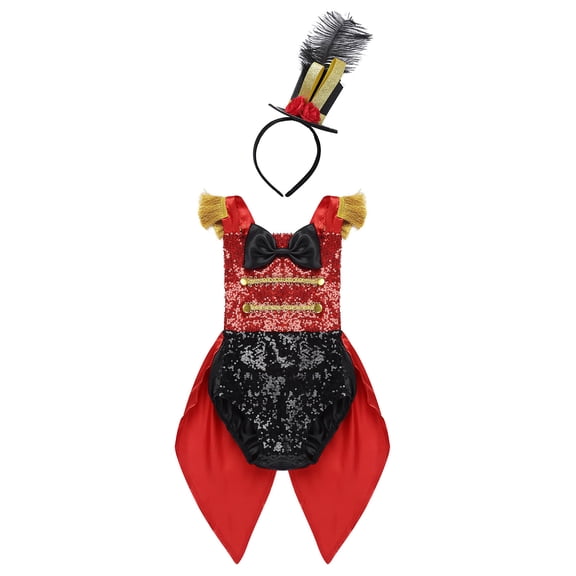 Linjinx Infant Baby Girls Ringleader Showman Inspired Romper Bodysuit with Feather Hat Festival Theme Party Red 2-3