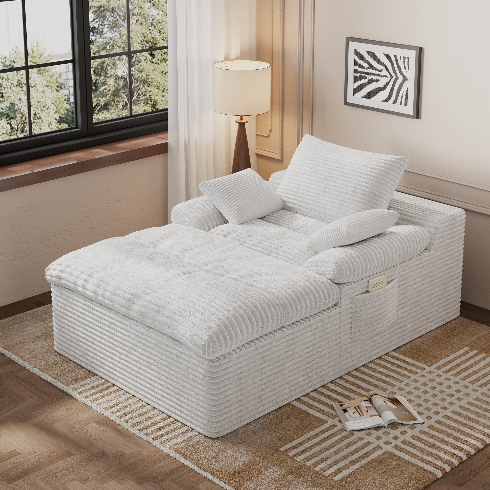 HOQBN 65" Chaise Lounge Chair Indoor,Oversized Boneless Sofa Bed with 3 Pillows,Cloud Reading Chair for Living Room Bedroom, Deep Seat Sleeper Couch, No Assembly Required,Cream White