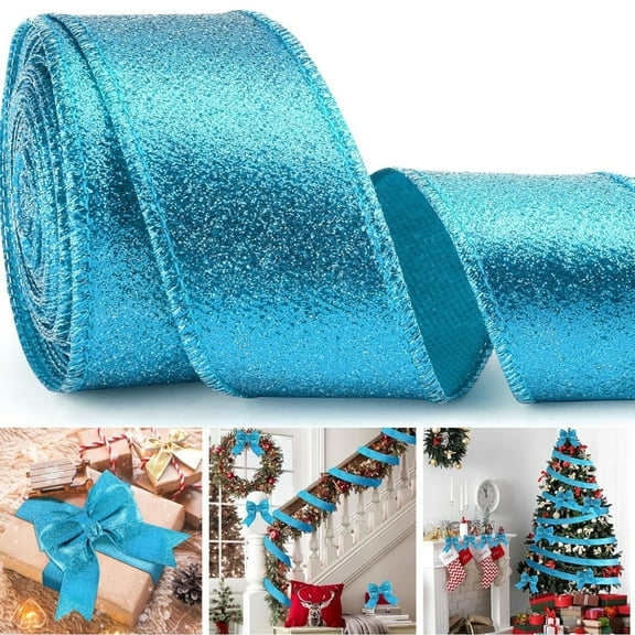 Topboutique Christmas Ribbon Blue Glitter Wired Ribbon 6.3 cm x 10 Yards Glitter Fabric Ribbon Metallic Wired Ribbon Shiny Gift Wrapping Ribbons Wire Edge Craft Ribbons for Xmas Tree Home Decor