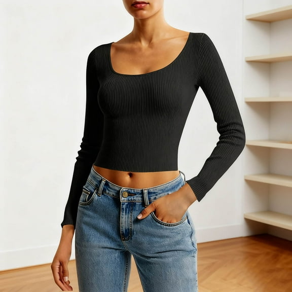 Ounisa Women's Long Sleeve Square Neck Crop Tops,Ribbed Knit Slim Fitted Casual Basic Y2K Crop Top Tee Blouse Retro