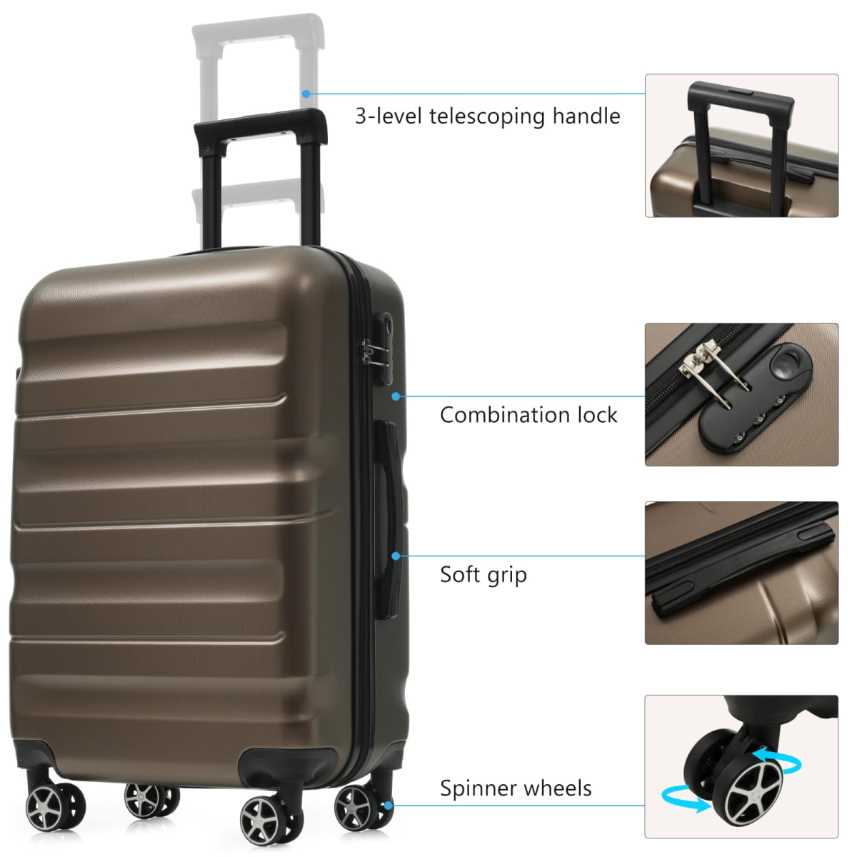 Hardshell ABS Luggage Set, 24-Inch Checked Suitcase with Spinner Wheels, Lightweight Travel Luggage with 2 Packing Cubes for Men & Women