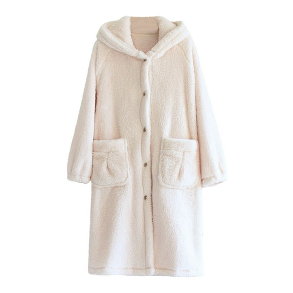 FNFYFH Women Hooded Plush Robe Soft Warm Fleece Winter Bathrobes Full Length Button Down Winter Loungewear with Pockets