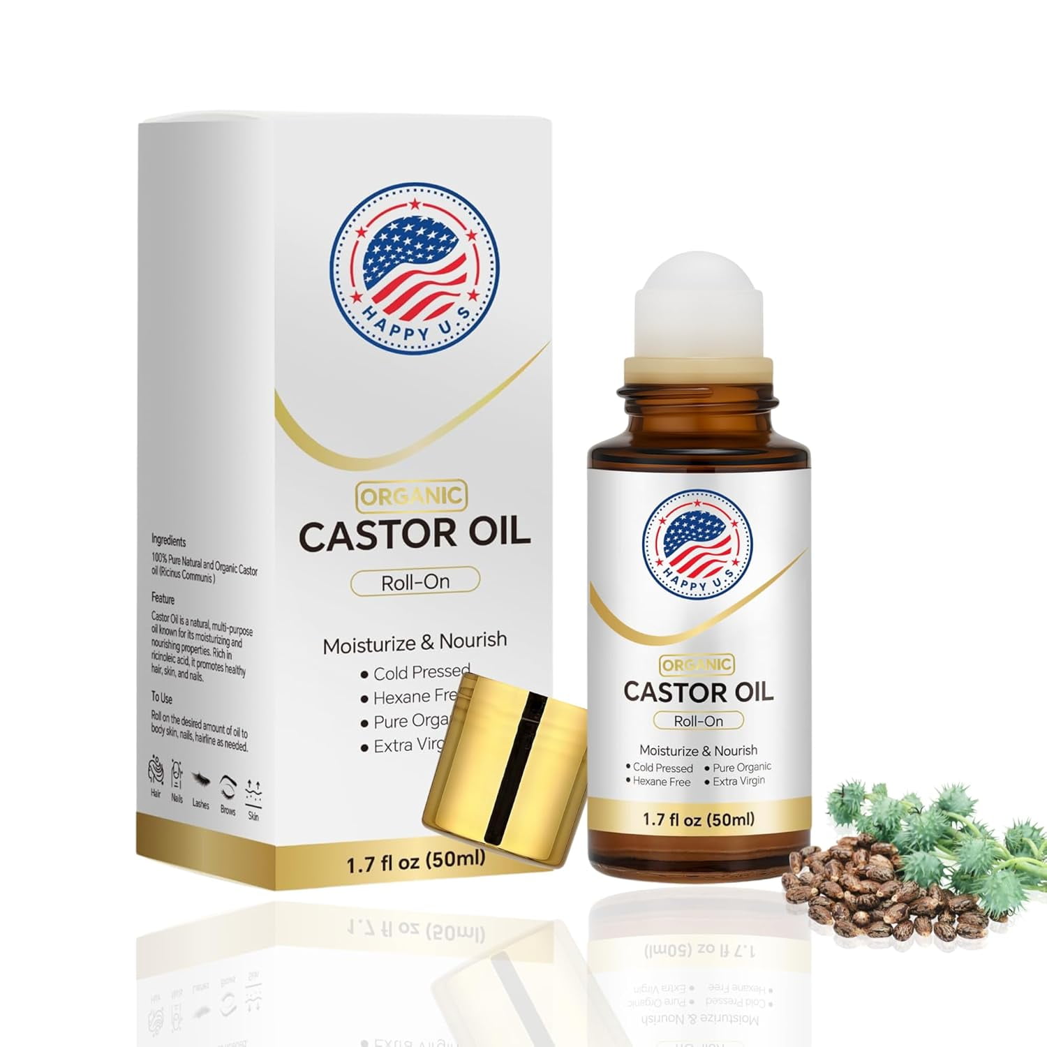 Happy U.S Organic Castor Oil with Rose Quartz Roll On For Face and Body - Glass Bottle, Cold Pressed, Hexane Free, Unrefined - Stimulate Hair Growth, Moisturize Skin