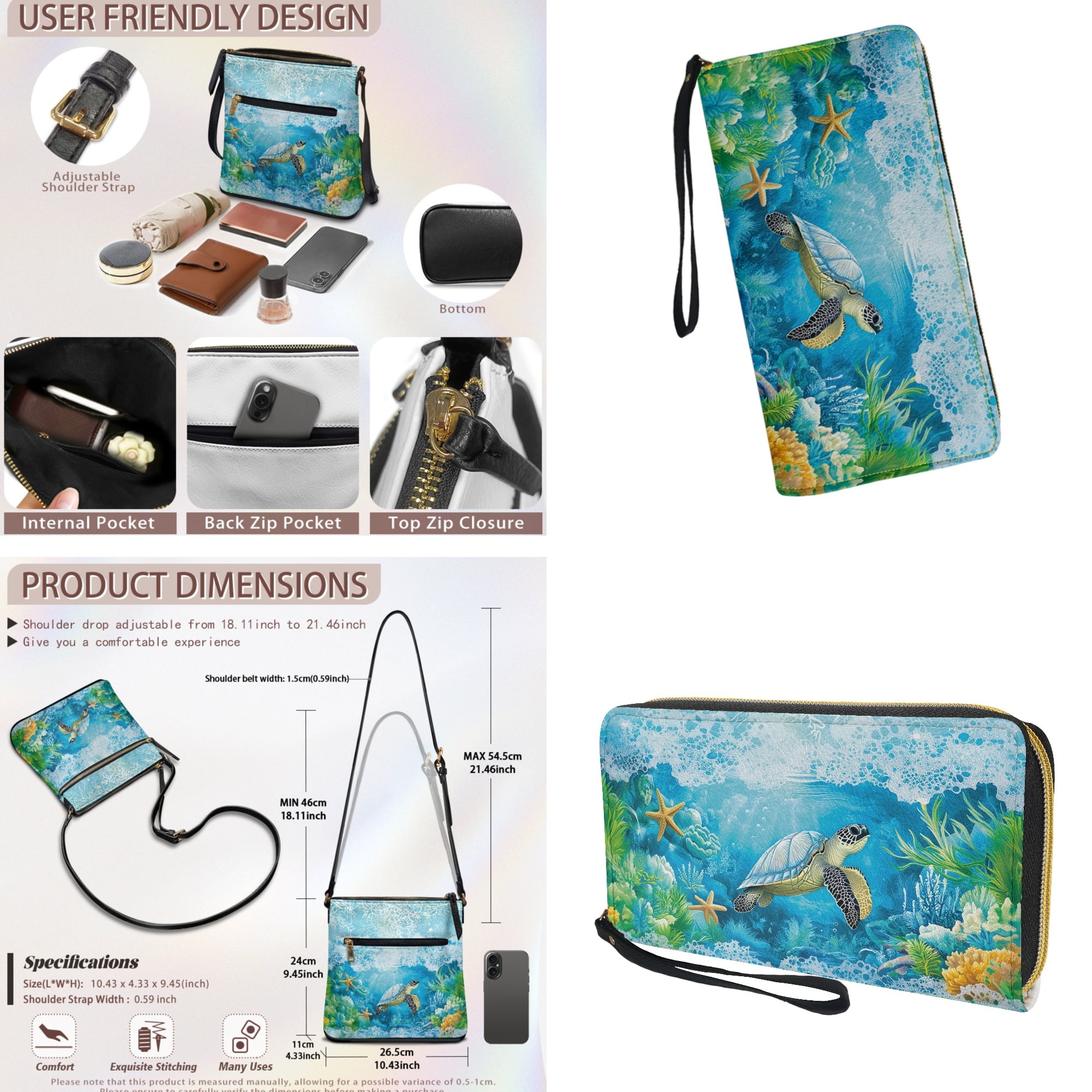 ZUXONGSY Turtle Sea Coral Print Large PU Leather Crossbody Bag & Wallet Set for Women, Stylish Satchel with Adjustable Shoulder Strap for Travel & Shopping