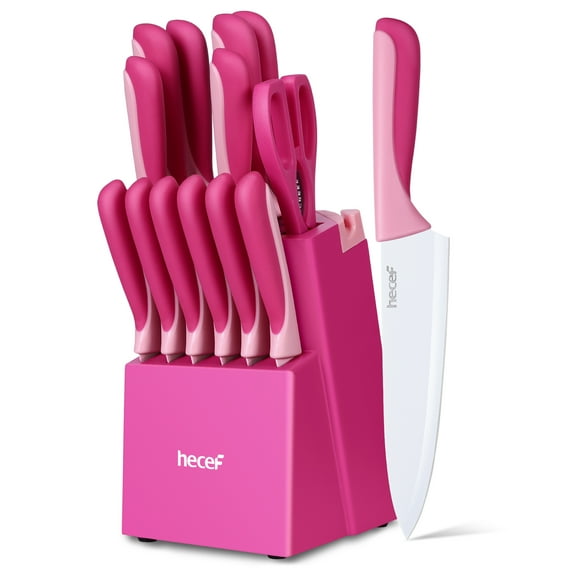 Juego de Cuchillos de Cocina hecef de 15 Piezas con Recubrimiento Antiadherente - Rosa