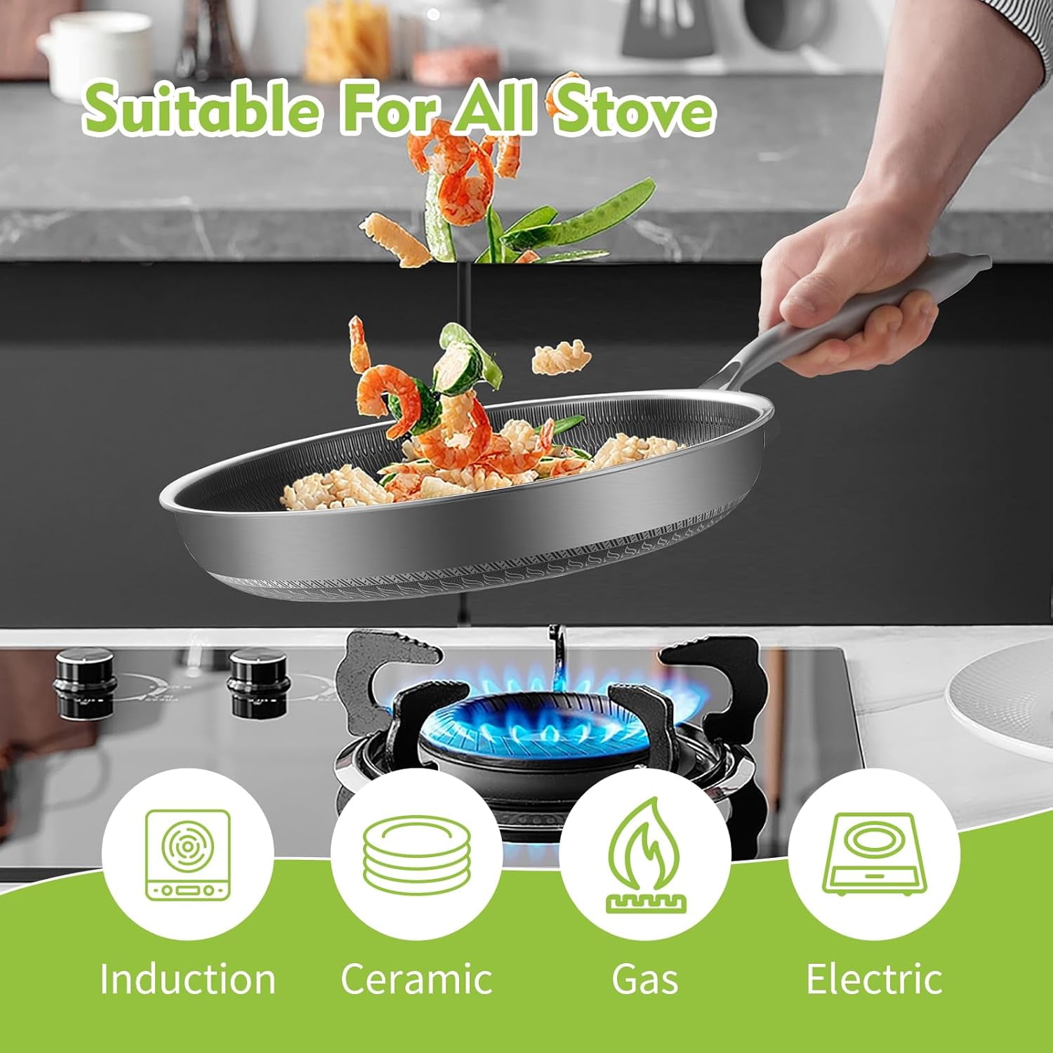 Non Stick Frying Pans, Hybrid 12 Inch with Lid, Stainless Steel Skillets for Induction, Gas & Oven Use