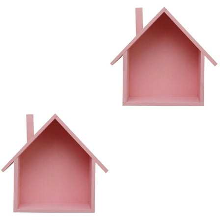 OUNONA 2pcs Small House Shaped Wall Shelf Wooden Wall Mounted Storage Shelf Rack Organizer Display Box for Bedroom Living Room Kitchen Office (Pink)