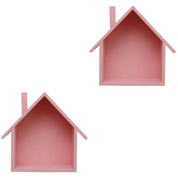 OUNONA 2pcs Small House Shaped Wall Shelf Wooden Wall Mounted Storage Shelf Rack Organizer Display Box for Bedroom Living Room Kitchen Office (Pink)