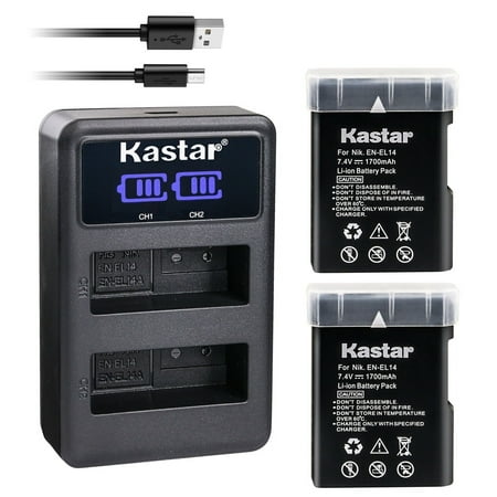 Kastar 2-Pack EN-EL14 Battery and LED2 USB Charger Compatible with Nikon D5100 DSLR Camera  D5200 DSLR Camera  D5300 DSLR Camera  D5500 DSLR Camera  D5600 DSLR Camera  Df DSLR Camera
