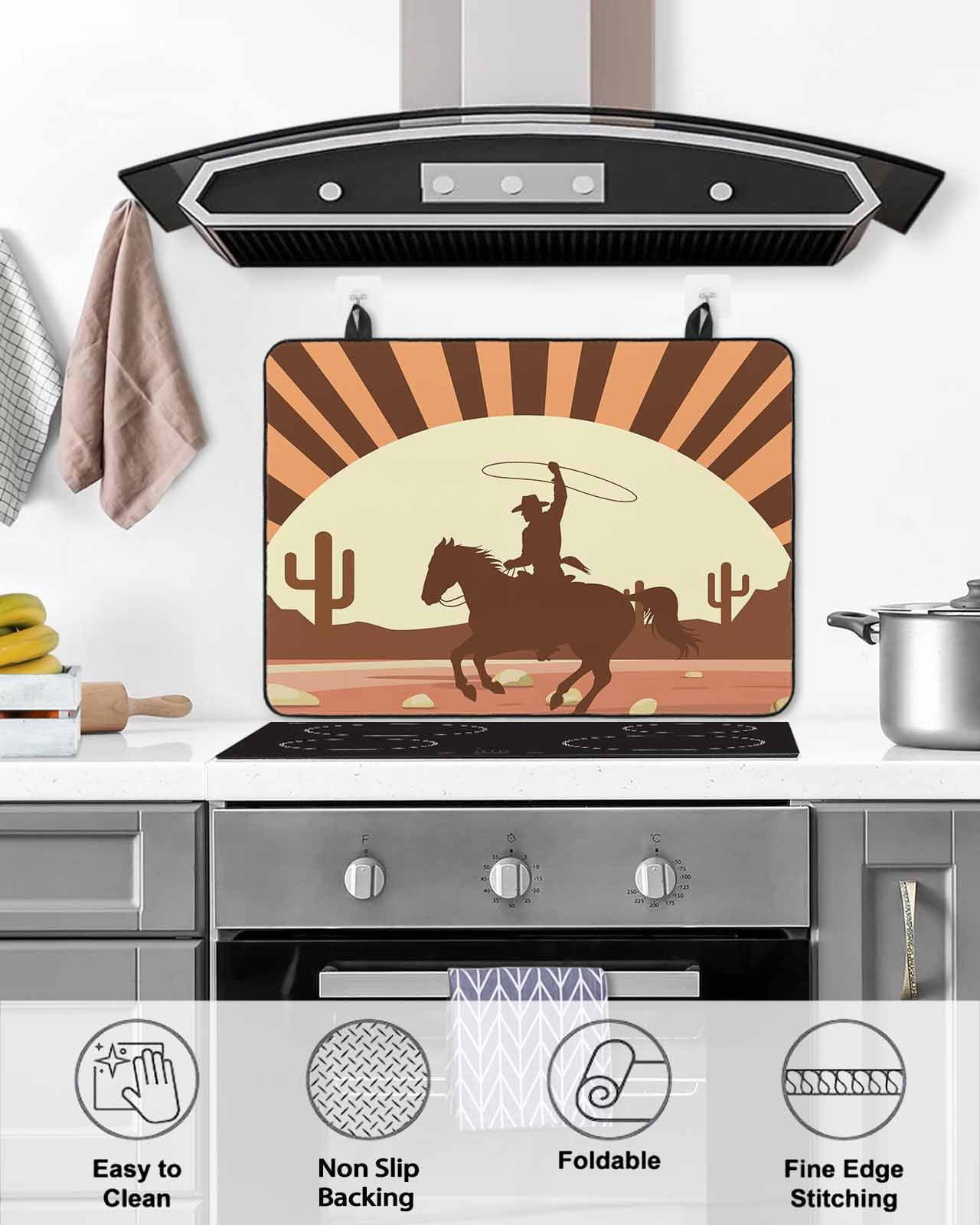 Large Induction Cooktop Protector Mat Brown Vintage Western Stove Top Covers for Electric Stove, Horse Cactus Retro Art Decorative Stove Burner Cover Mats, Glass Top Stove Cover