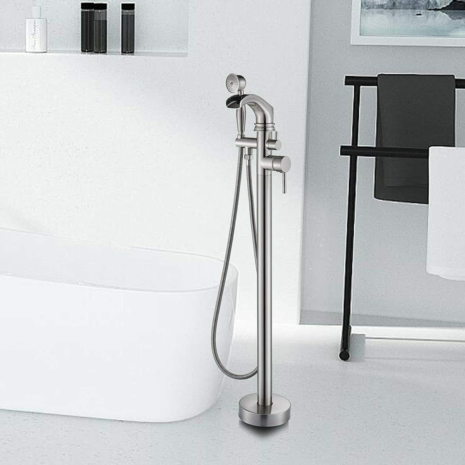 Brushed Nickel Freestanding Bathtub Faucet Floor Mount Bathroom Tub Filler Spout