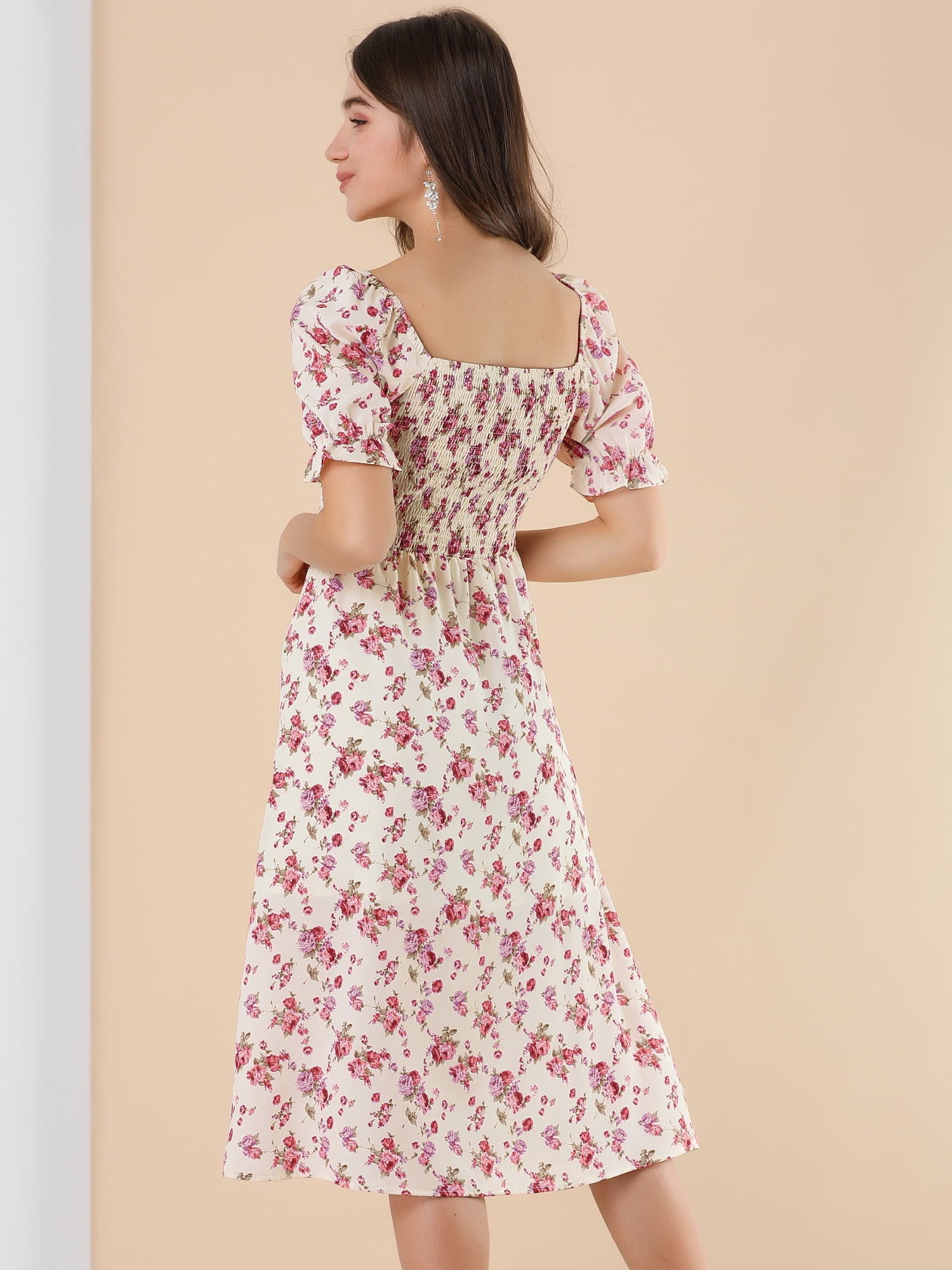 DARING DIVA Women's Cottagecore Floral Dress Puff Sleeves Smocked Dresses 3XL Beige