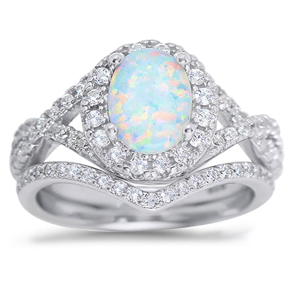 Sterling Silver 1 Carat Fire Opal Oval Halo Bridal Ring Set for Women Size 7