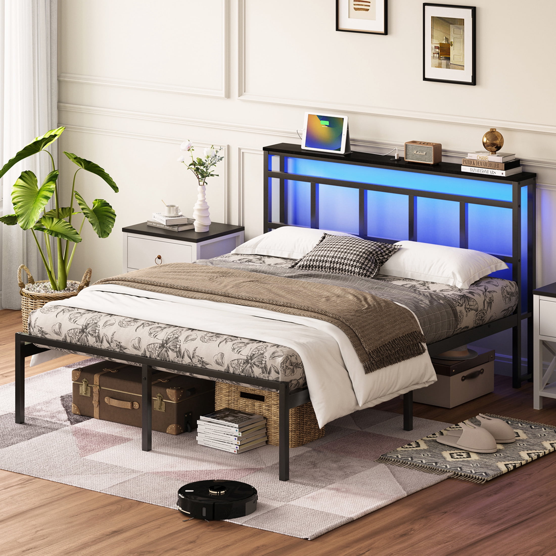 Noble House 14" Twin Bed Frame with Storage Headboard and LED Lights, Metal Platform Bed with Charging Station, Black