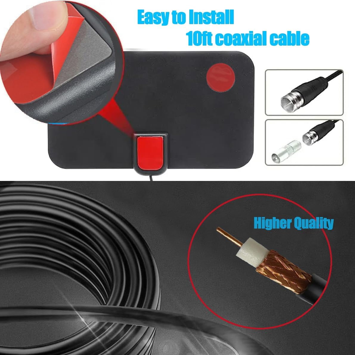 USTOP  Digital TV Antenna  with 360 Signal Booster Long 1000+ Miles Reception Support 4K 1080p Smart Television with 10ft Coaxial HDTV Cable  for  for free channels Local Channels
