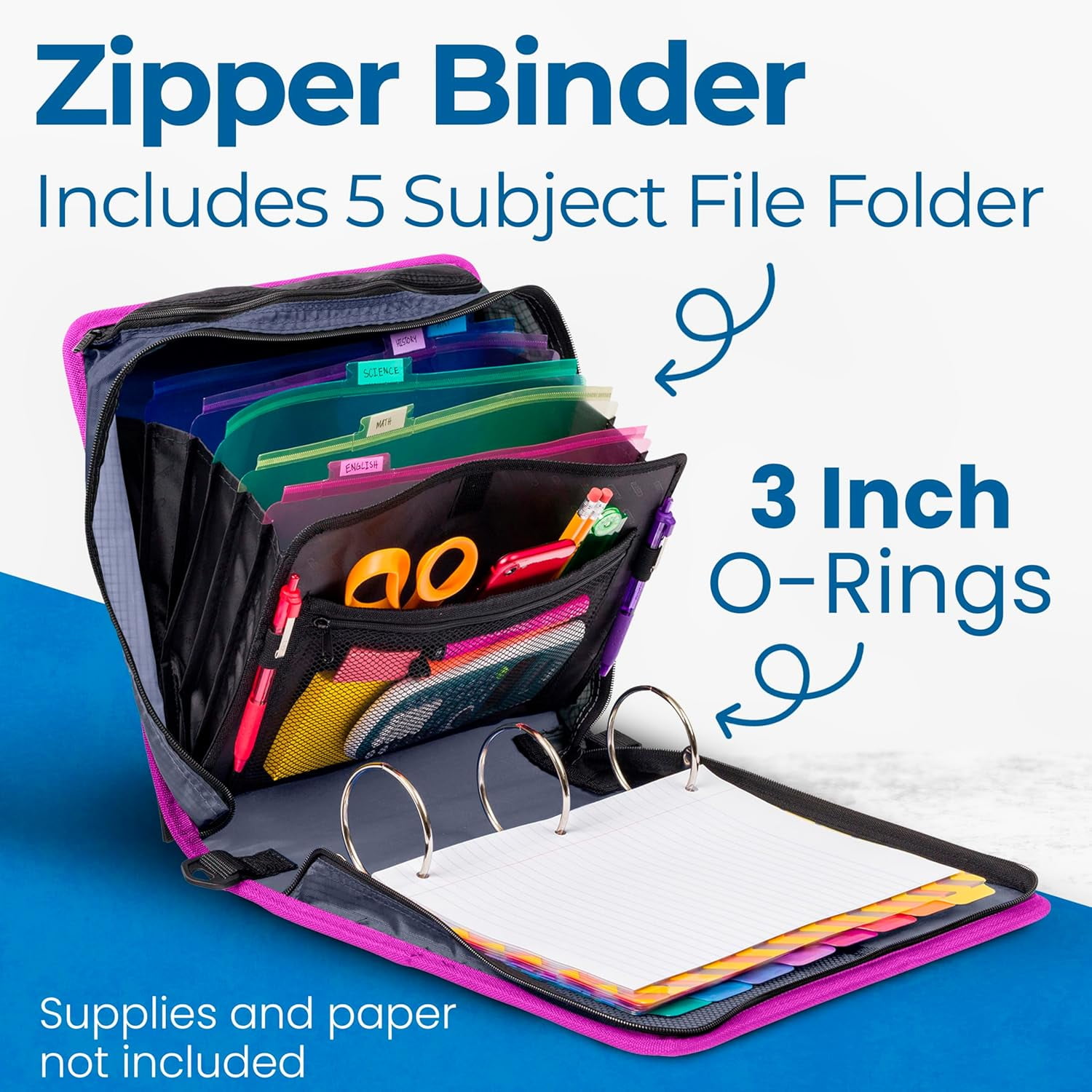 Case-it The Mighty Zip Tab Zipper Binder, 3 Inch O-Rings, 5 Color
