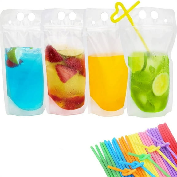 HXRH 80Pcs Frosted Translucent Drinks Pouches with Plastic Straws,Zipper Smoothie Bags and Disposable Long Straws Set,Hand-held Stand-up Juice Pouches,for Home Picnic Party