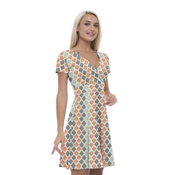 Women’s A Line Geometric Summer Dress, Retro Triangle Arrangement, Cross Wrap V Neck, 6 Sizes, by Ambesonne