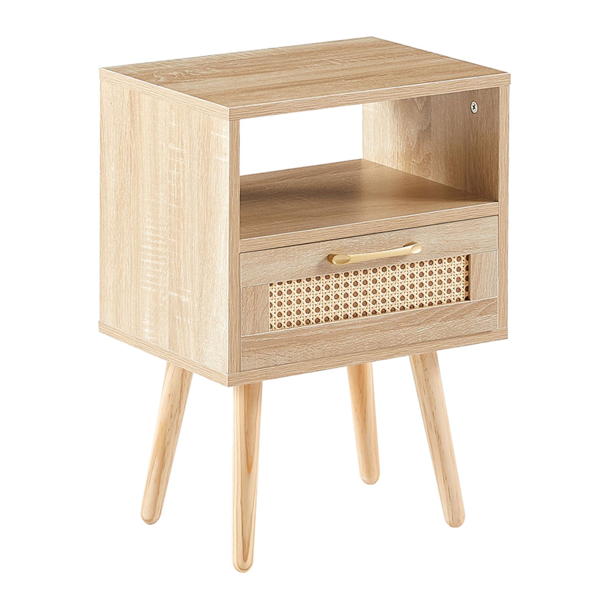 MAYEERTY 15.75" Rattan End Table with Drawer & Solid Wood Legs – Modern Nightstand for Living Room & Bedroom, Natural
