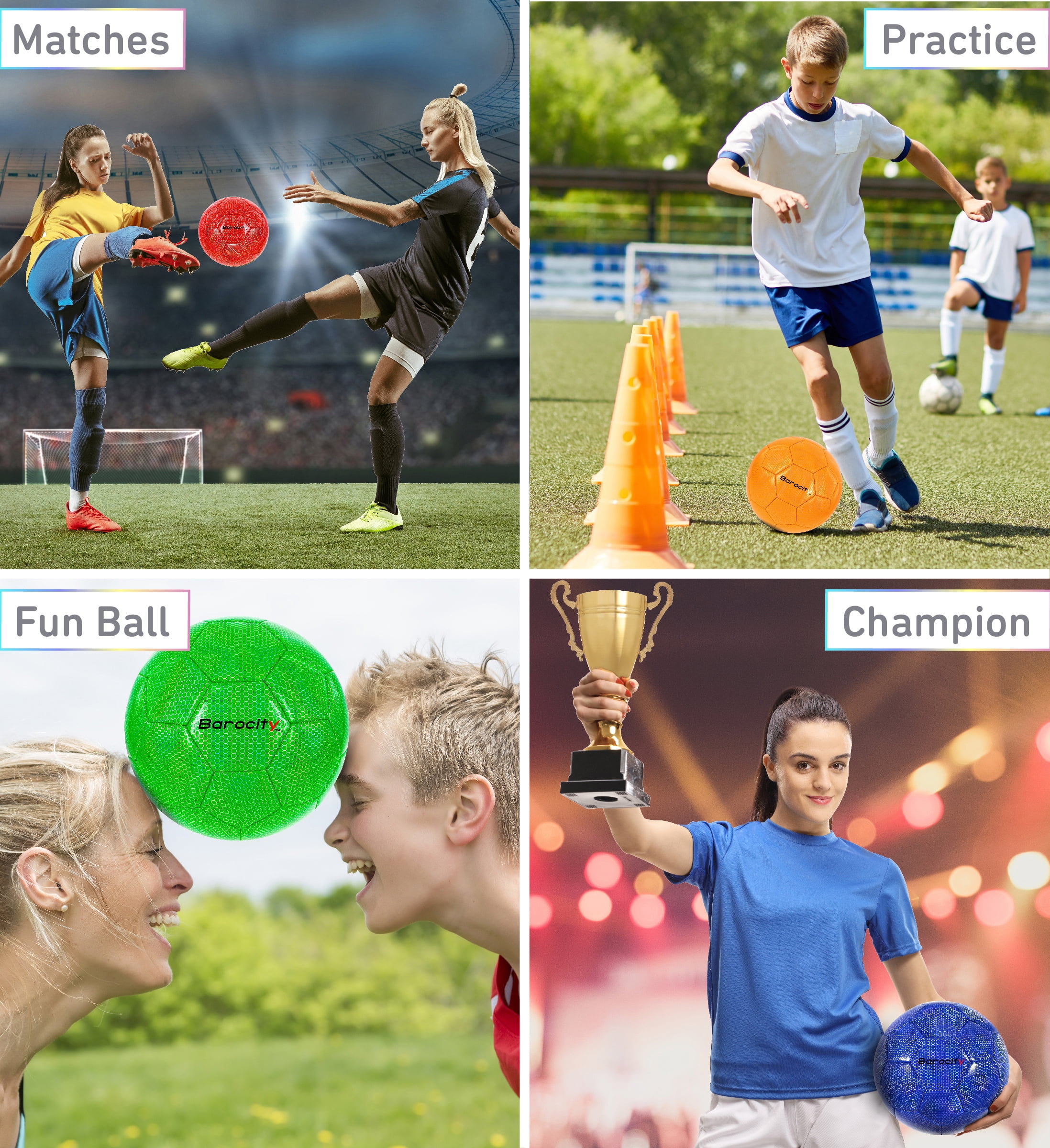Barocity Iridescent Soccer Balls Set of 4 – Blue, Red, Green and Orange Official Match Ball with Reflective Hex Pattern, Sport Soccer Balls for Indoor Outdoor Training and Practice Games – Size 4