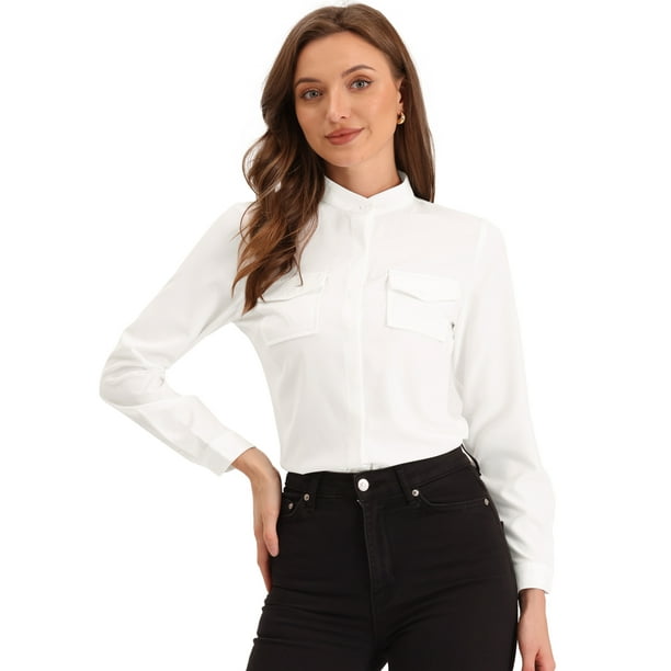 Camisa con Cuello Alto para Mujer con Bolsillos y Mangas Largas con Botones blanco M Allegra K Blusas y camisas Bodega Aurrera en linea
