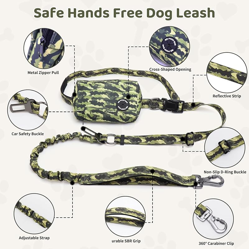 Hands Free Dog Leash with Zipper Pouch, 6-9ft Bungee Waist Leash for Medium Large Dogs Walking, Running Lead with Dual Padded Handles Car Safety Buckle for Training Jogging