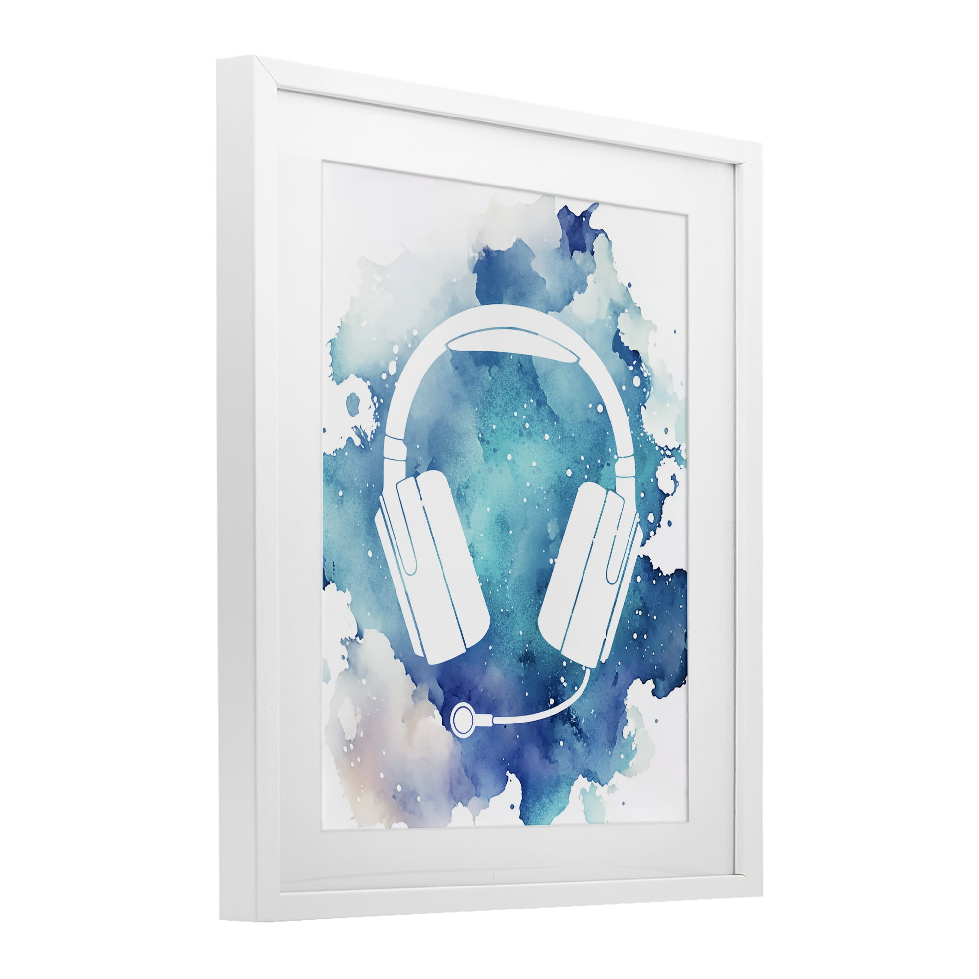 Blue Headphone Splatter White Framed Print Under Glass, design by Marcus Prime